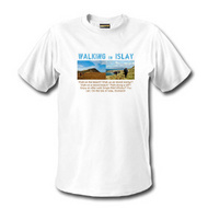 Picture of a white t-shirt with a 'Walking on Islay' design on the front