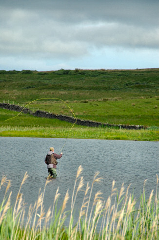 Picture of an angler standing in a loch (lake), fishing