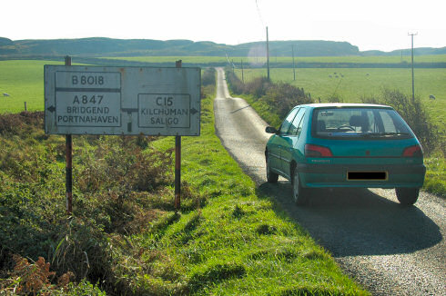 Picture of a C-road sign with a green Peugeot 306 standing next to it