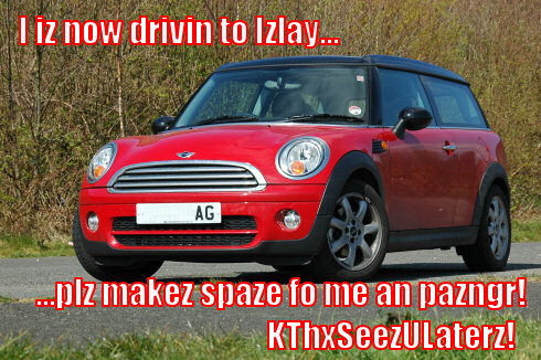 Picture of a red Mini Clubman with a Lolcat style comment