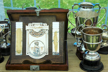 Picture of a collection of trophies for a sheepdog trial event