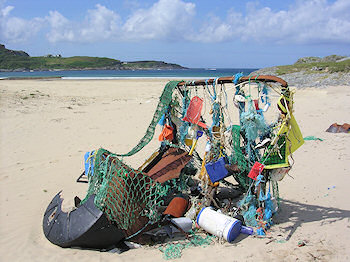 Picture of an 'arty' collection of rubbish on a beach on Colonsay