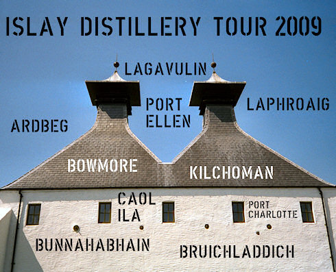 Picture of distillery kilns with the names of the Islay distilleries listed around them