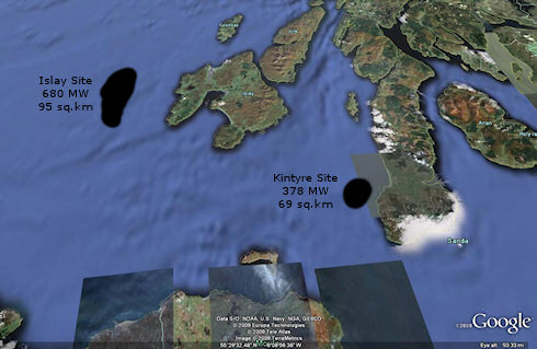 Screenshot of a Google Earth map with the potential windfarm locations drawn in