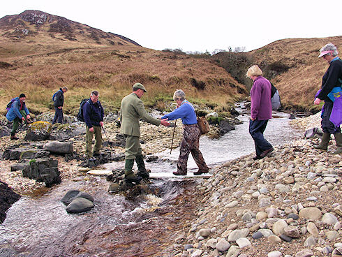 Picture of a few walkers crossing a burn