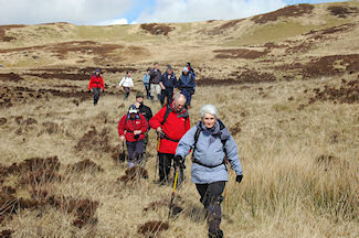 Picture of a group of walkers descending into a glen