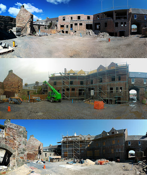 Combined picture of three panoramas of the back of an under construction hotel