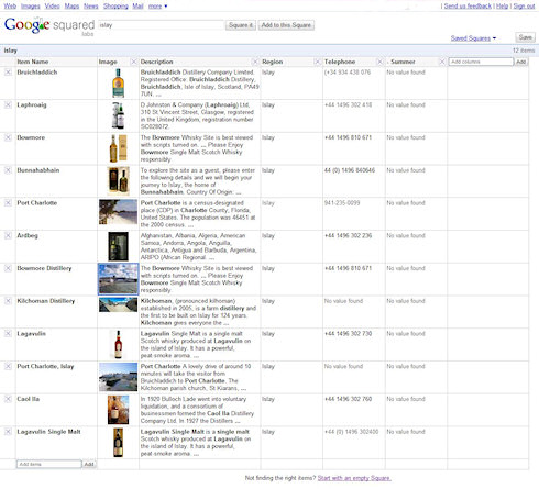 Screenshot of the search results for ‘Islay’ on Google Squared