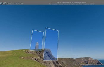 Screenshot from a Quicktime VR panorama of cliffs with a tower