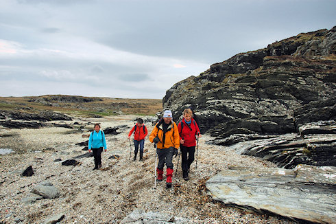 Picture of four walkers on their way along a rocky coast with pebbles in places