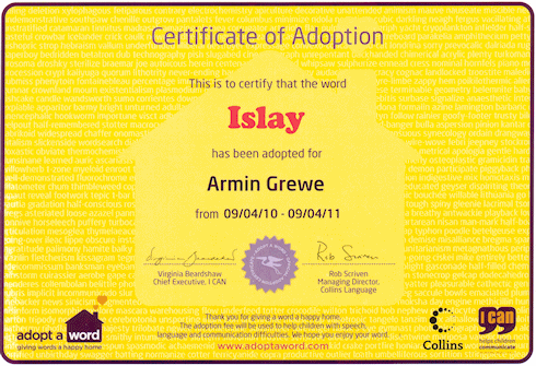Scan of a certificate that the word 'Islay' has been adopted for Armin Grewe