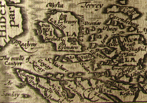 Picture of a very old map of the Southern Hebrides in Scotland