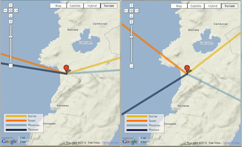 Two screenshot of an application showing the direction of the sunset on specific dates