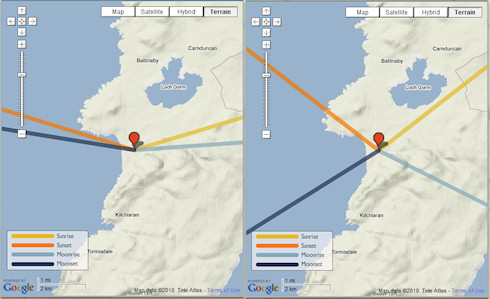 Two screenshot of an application showing the direction of the sunset on specific dates