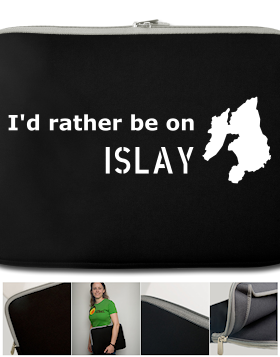 Picture of a laptop sleeve with a 'I'd rather be on Islay' print