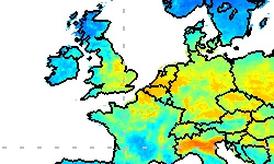 Cutout of Western and Central Europe on a graphical map showing air pollution