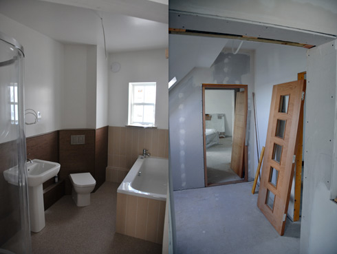 Composite picture of two pictures, a bathroom and a corridor with doors waiting to be installed