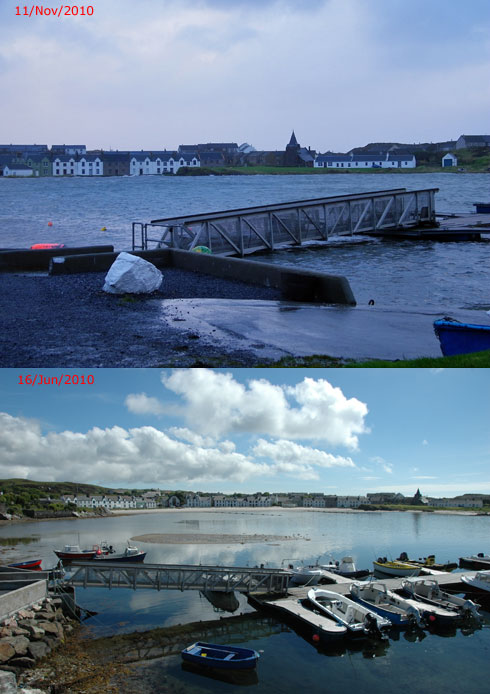 Composite of two pictures, showing a pontoon at low tide and at a very high tide