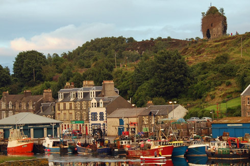 Picture of a harbour front with a row of houses, fishing boats and the ruin of a castle