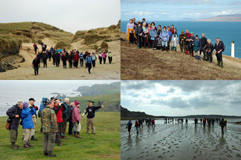 Composite of four pictures, showing walkers on Islay in various environments.