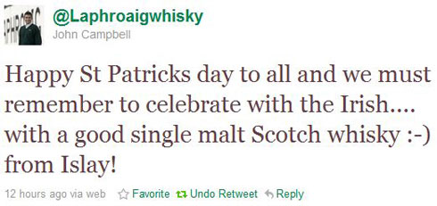 Screenshot of a tweet suggesting to drink Laphroaig Scotch whisky on St Patrick's Day