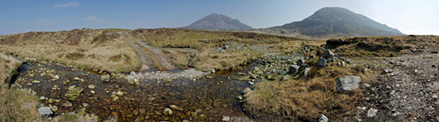 Picture of a panoramic view over a burn and two hills