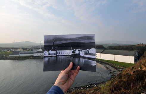 Picture of a picture within a picture, old within new, of Laphroaig distillery