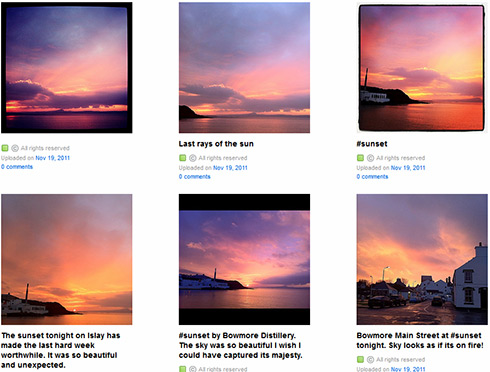 Screenshot of 6 thumbnails of a sunset at Bowmore on Islay