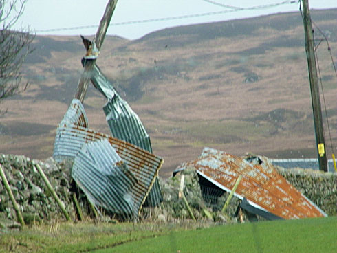 Picture of the remains of a shed roof wrapped around telegraph poles