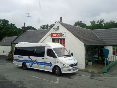 Picture of the Scottish Routes minibus at the Spar shop in Bridgend on Islay