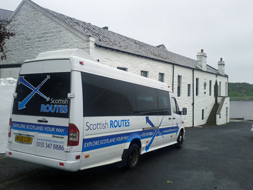 Picture of the Scottish Routes minibus at Laphroaig distillery on Islay