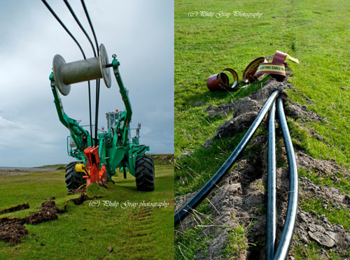 The machine laying the cable and its neat work Composite picture of two pictures showing the work of an underground cable laying machine