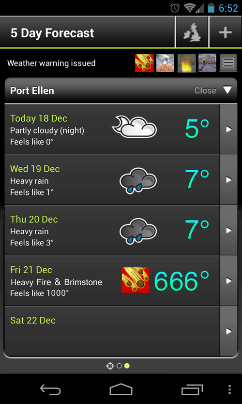 Fake screenshot of a weather forecast predicting the end of the world on 21/Dec/2012