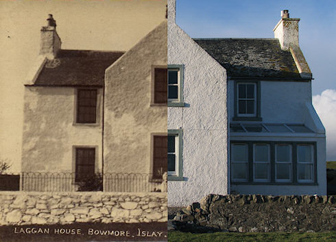 Composite picture of a house front, made out of an old and a new picture